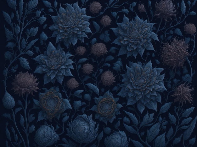 A dark blue floral pattern with a large flower on the bottom.