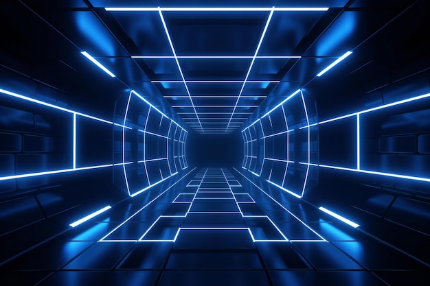 Dark blue futuristic corridor with glowing neon lights