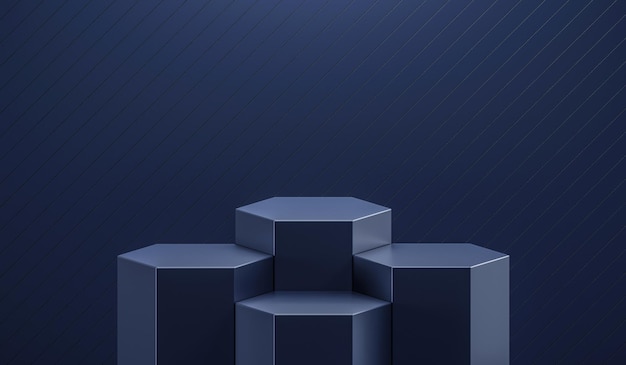 Dark blue geometric podium background 3d stage with modern platform pedestal product display and luxury abstract wall backdrop or empty sale presentation advertising step show studio template stand