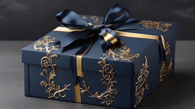 Dark Blue Gift box with gold ribbon and bows beautiful and luxury gift Black background