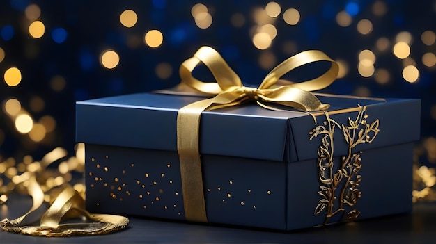 Dark Blue Gift box with gold ribbon and bows beautiful and luxury gift gold lights blurry background