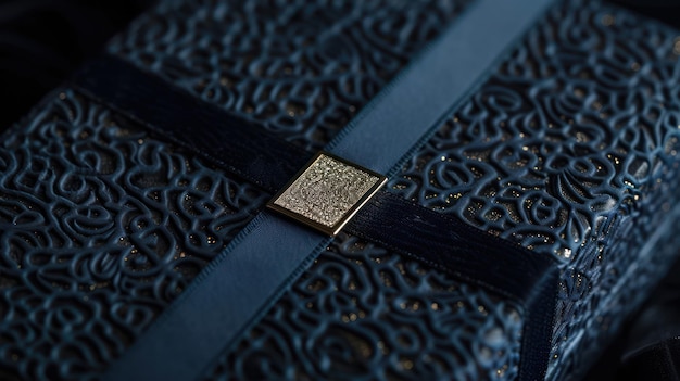 Dark Blue Gift Box with Gold Satin Ribbon Elegant and Chic Birthday Present with Luxurious Texture