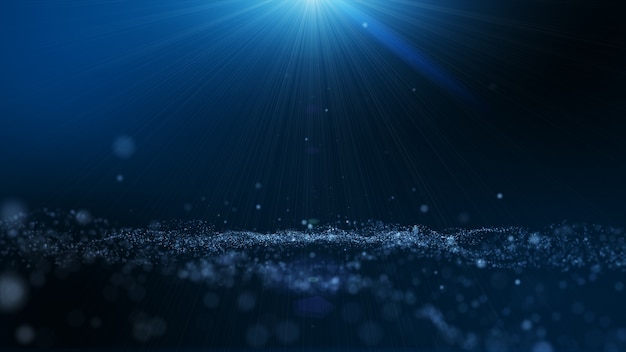 Dark blue and glow dust particle abstract background, Light ray beam effect.