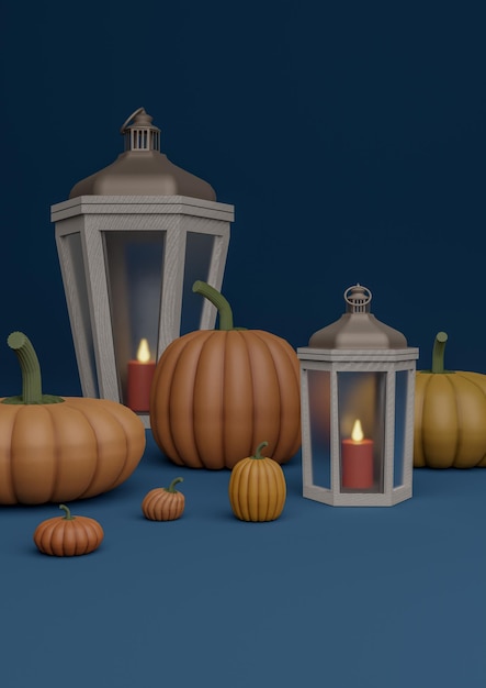 Dark blue illustration autumn fall Halloween themed product display pumpkins lanterns candles