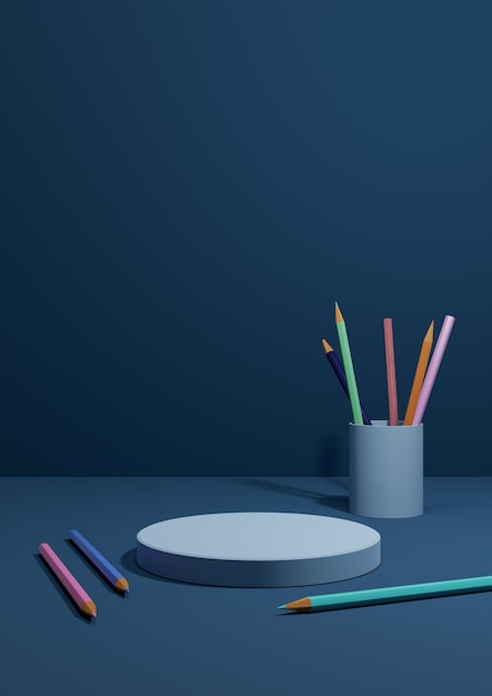 Dark blue Illustration back to school product display podium stand side pencils on table photography