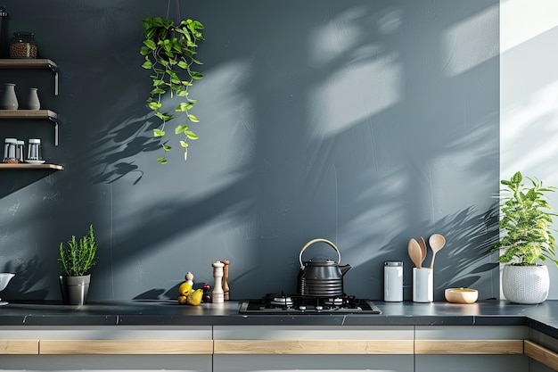 Dark blue kitchen mockup highlighting minimalist interior design elements