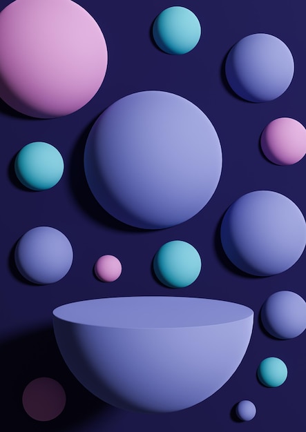 Dark blue minimal product display background abstract colorful bubbles or spheres podium stand