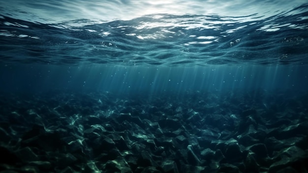 Dark blue ocean surface seen from underwater Abstract waves underwater and rays of shining through