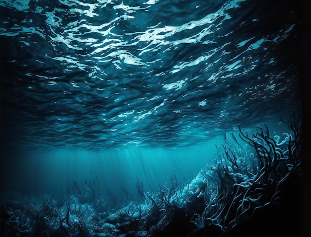 Dark blue ocean surface seen from underwater digital illustration painting artwork