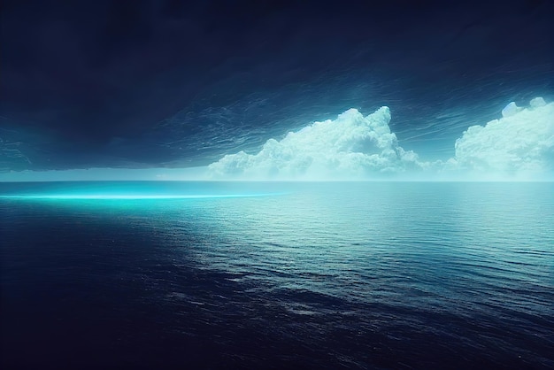 A dark blue ocean with a cloudy sky above it