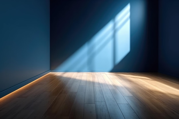 A dark blue room with a light on the wall