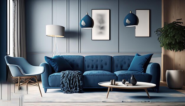 Dark blue sofa and recliner chair in scandinavian apartment Interior design of modern living room