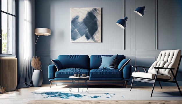 Dark blue sofa and recliner chair in scandinavian apartment Interior design of modern living room