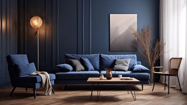 Dark blue sofa and recliner chair in a Scandinavian