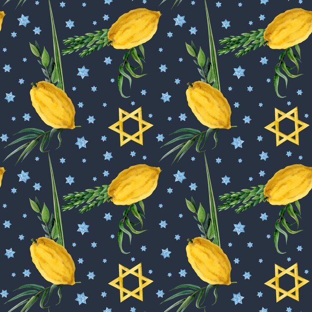 Photo dark blue sukkot watercolor seamless pattern for traditional jewish holiday with palm leaf etrog