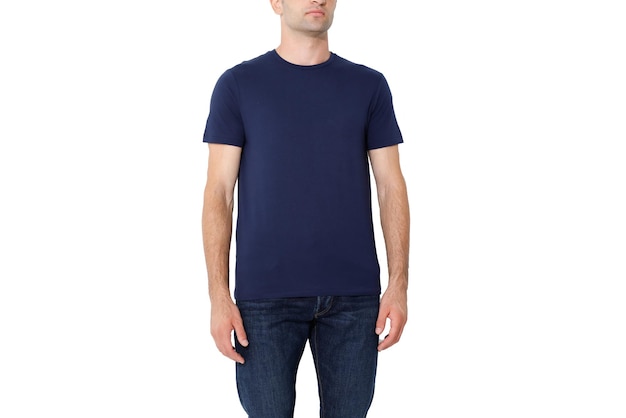 Dark blue tshirt on a man layout isolated on a white background copy space