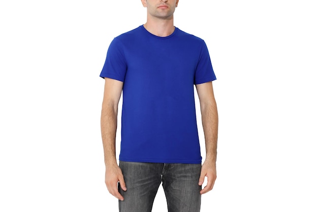 Dark blue tshirt on a man layout isolated on a white background copy space