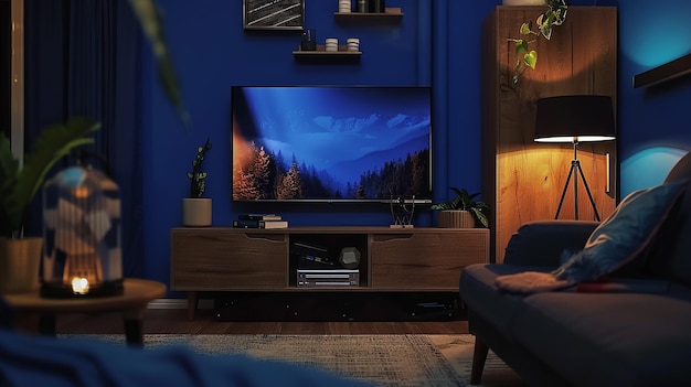 Dark Blue Wall in the Night with a TV on a Wooden Table in a Cozy Cabin