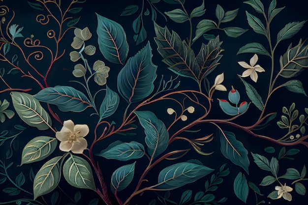 A dark blue wallpaper with a bird on a branch and flowers.