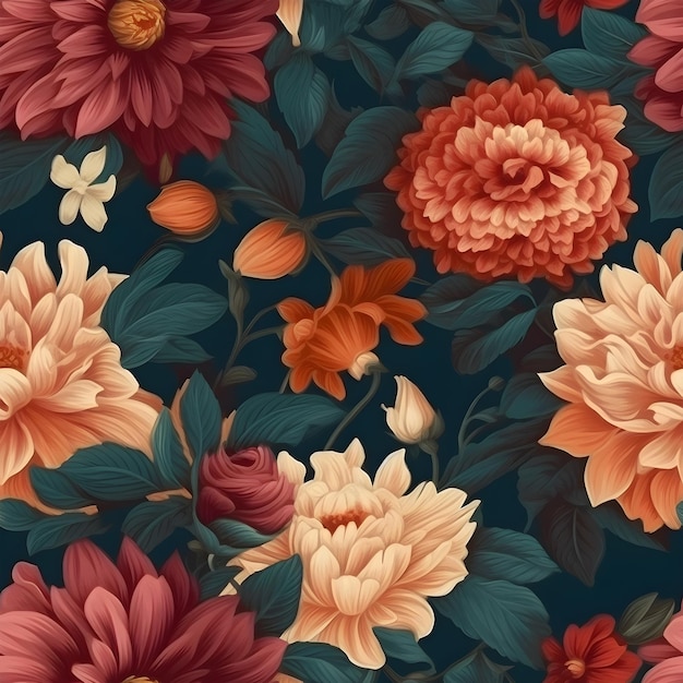 A dark blue wallpaper with a floral pattern and a red and orange flowers.