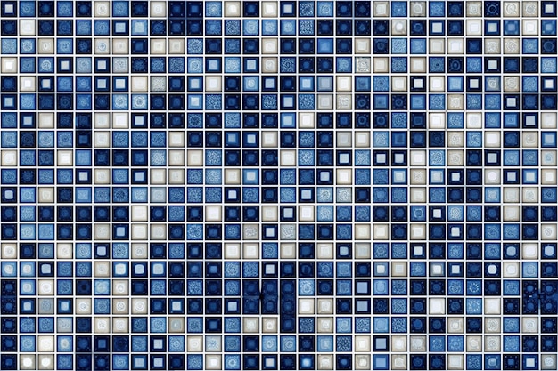 Photo dark blue white pattern chaotic geometric shape background for design squares rectangles or block seamless abstract mosaic collage web banner wide long panoramic