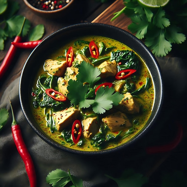 Photo a dark bowl filled with thai green curry pieces of chicken and garnished with fresh cilantro leaves