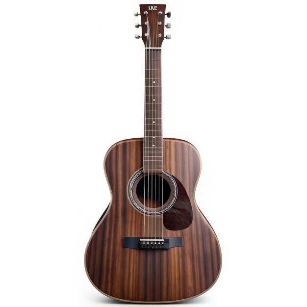 Photo a dark brown acoustic guitar with wood grain on a white background generative ai