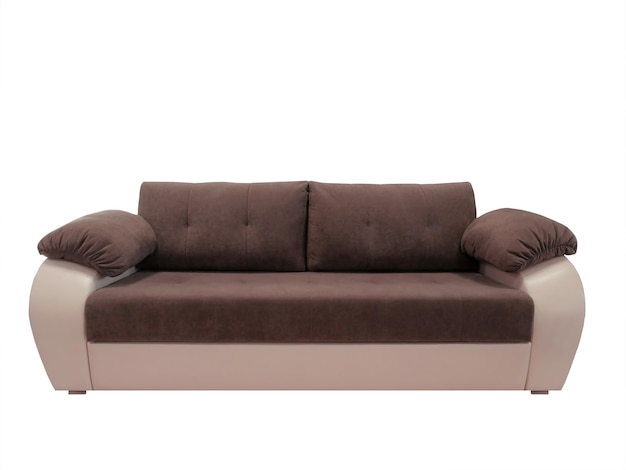 Dark brown suede sofa with pillows isolated on a white background