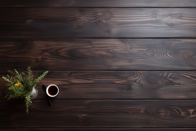 Dark brown wood table with pine beside