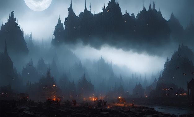 Photo a dark castle in the clouds with a moon behind it ai generated artwork