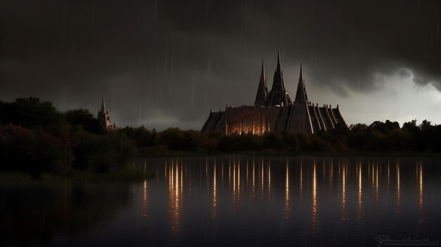 A dark castle in the rain