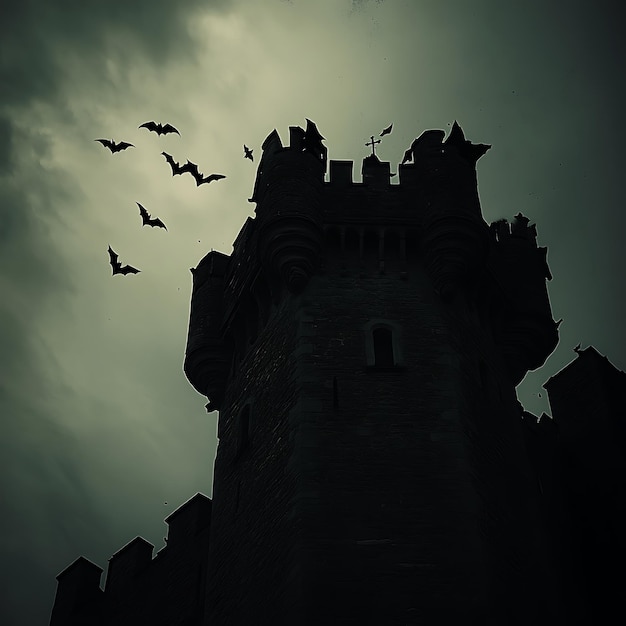 Photo dark castle tower with bats flying in the sky