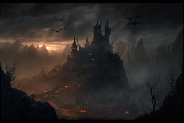 Dark castle in the valley dark atmosphere of hell creative digital illustration painting