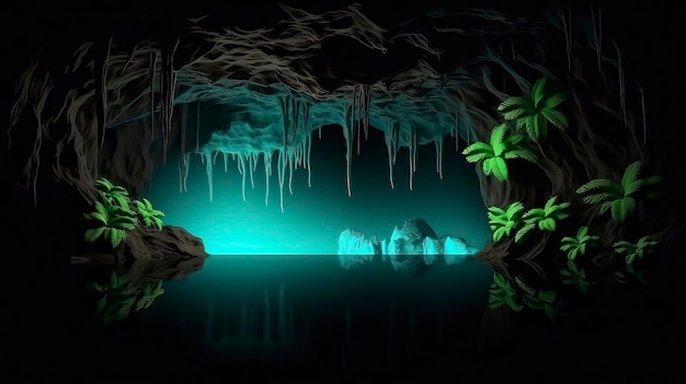 A dark cave with a blue glow and green leaves.