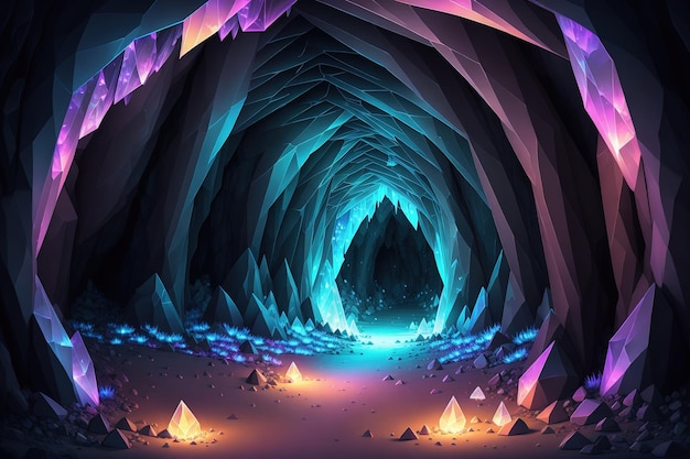 A dark cave with blue and purple lights.