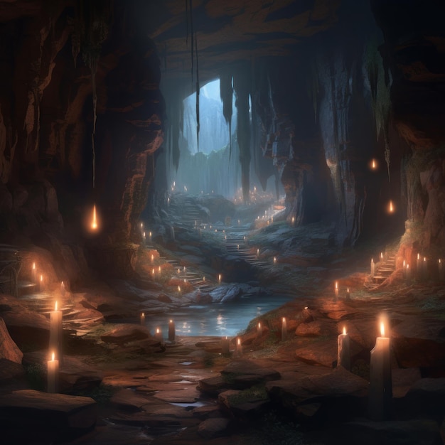 A dark cave with candles lit up and a lit candle on the left.