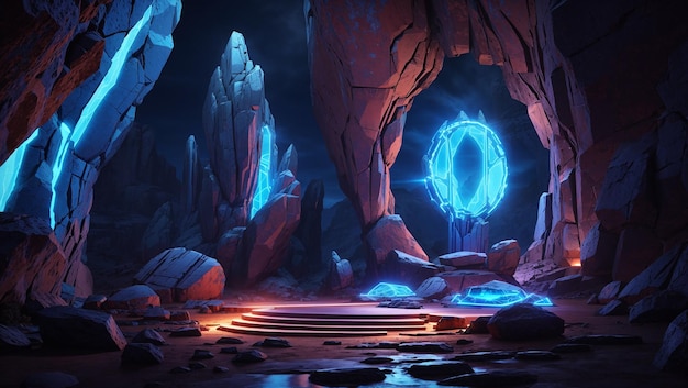 Photo a dark cave with glowing blue lights and a glowing circle in the middle