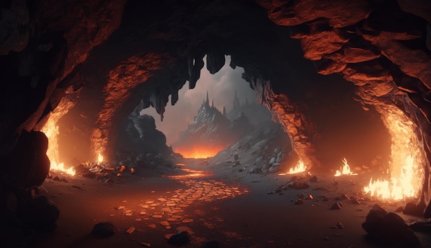 A dark cave with a glowing light and a cave with a cave entrance and a glowing orange light.