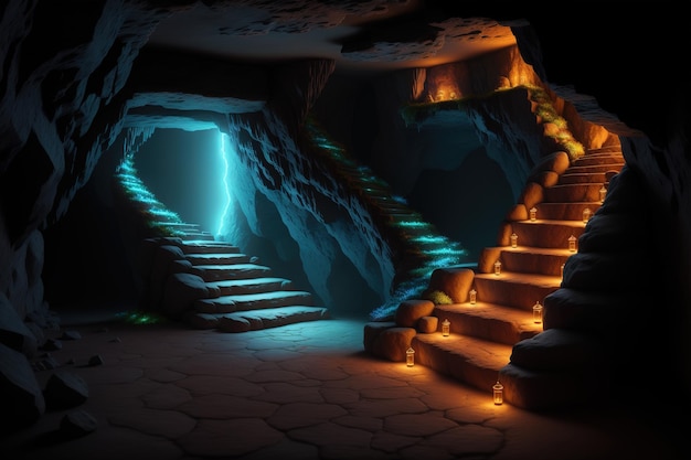 A dark cave with a glowing staircase and blue lights.