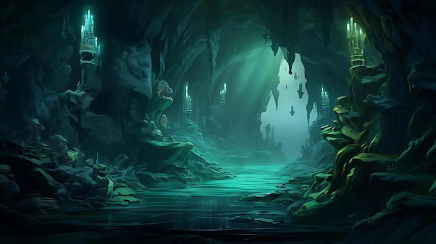 A dark cave with a green and blue light