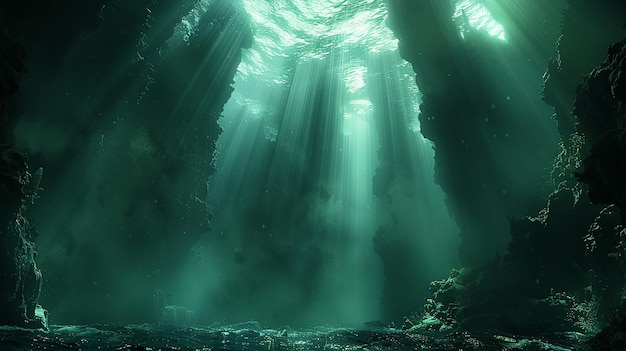 a dark cave with a green light shining through it