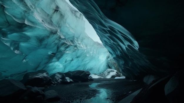 A dark cave with ice inside and a blue light on the bottom.