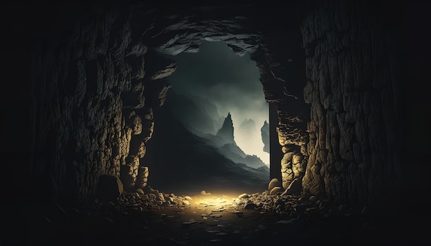 A dark cave with a light at the bottom