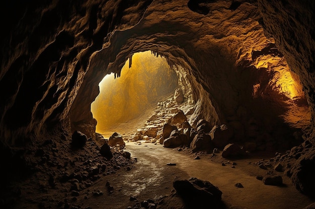 A dark cave with a light on the ceiling and a yellow light on the ceiling