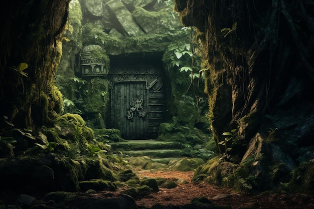 a dark cave with a wooden door in the middle.