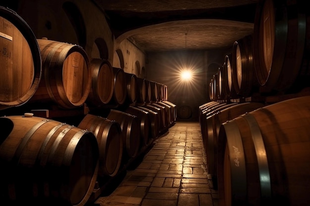 A dark cellar with barrels of wine in the center and the word wine on the bottom.