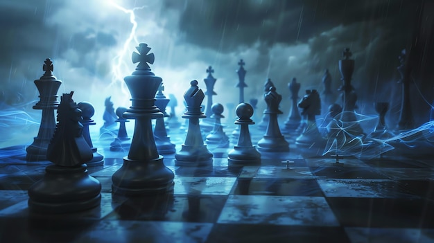 Dark chess pieces sit on a chessboard in the middle of a stormy night