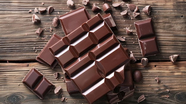 Dark Chocolate Bar Pieces on Wooden Surface