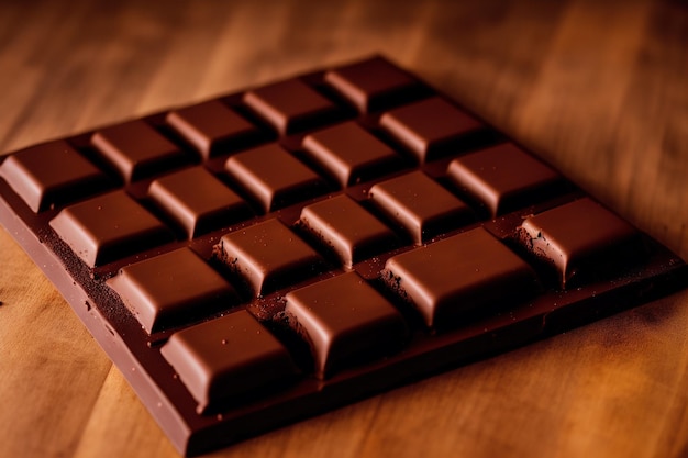 A dark chocolate bar sits on a wooden table.