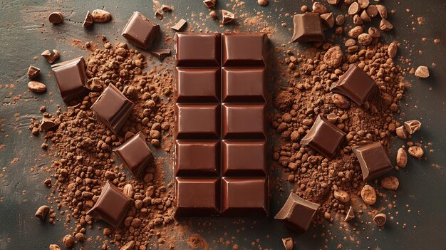 Dark chocolate bar surrounded by cocoa powder and chocolate pieces on dark background